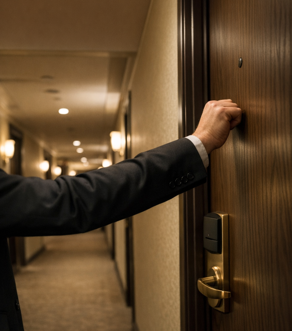 hotel guest eviction small hotel manager hallway